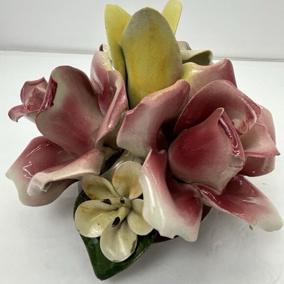 Capodimonte Porcelain Floral Arrangement Flower Basket Italy MCM Pink Yellow - Picture 7 of 15